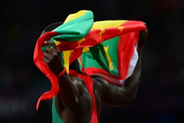 image: Grenada's Kirani James celebrates after winning the men's 400m final at the athletics event of the London 2012 Olympic Games in London, Aug. 6, 2012.