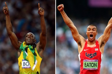 image: From left: Jamaica's Usain Bolt celebrates after taking the gold in the men's 200m final and Ashton Eaton of the U.S. reacts as he competes in the men's decathlon javelin throw event during the London 2012 Olympic Games at the Olympic Stadium August 9, 2012.